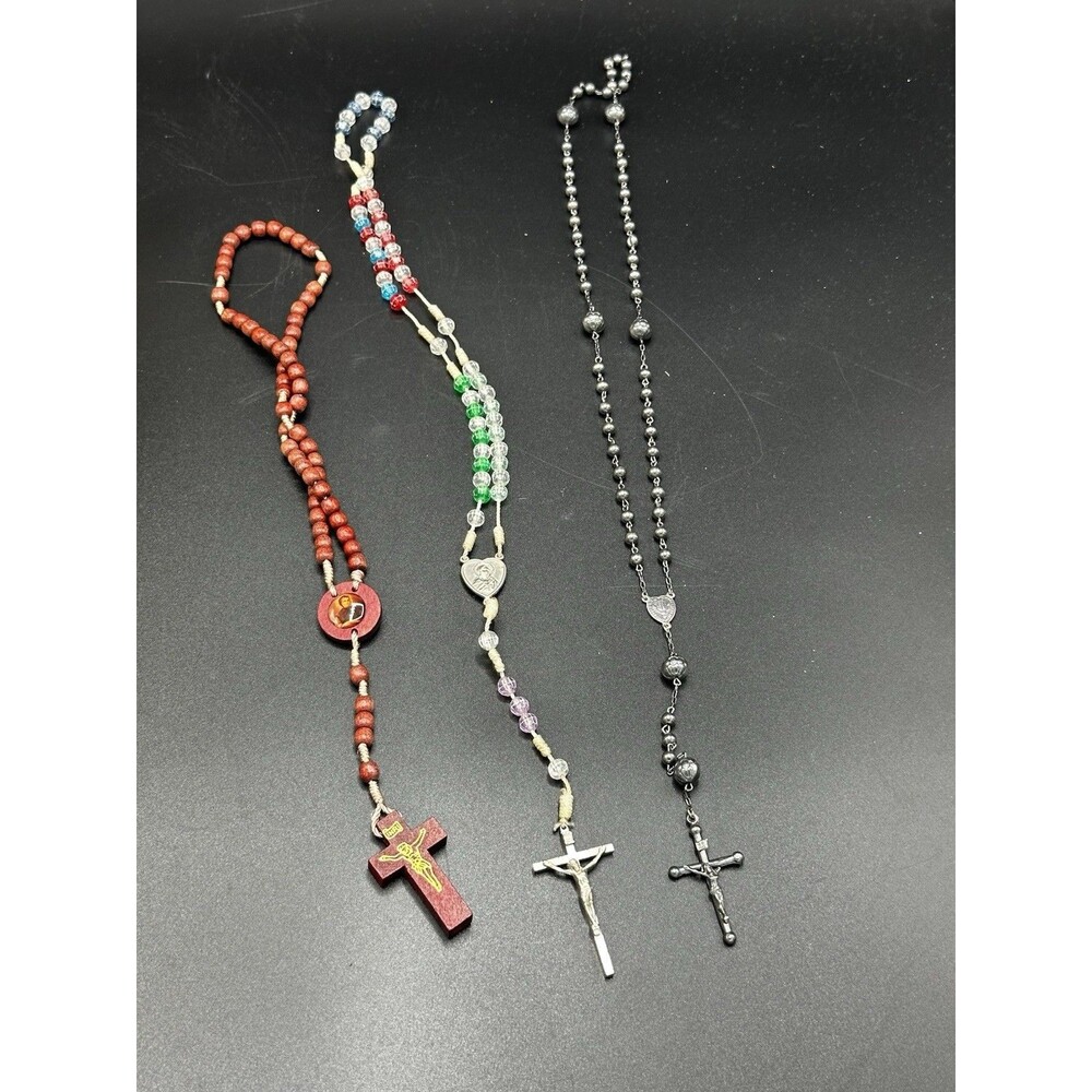 Lot 3 Vintage Catholic Rosary Beads Wood Glass Metal Crucifix Prayer Collectible